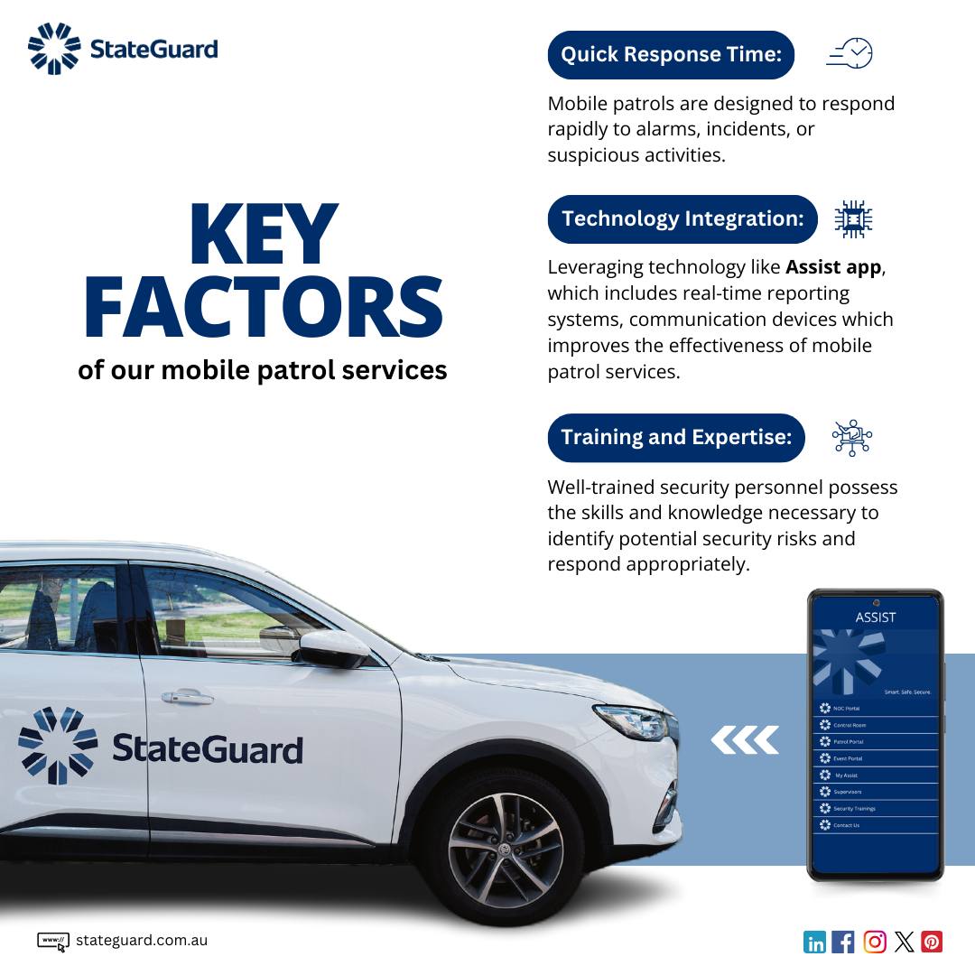 "StateGuard KEY FACTORS of our mobile patrol services" highlighting Quick Response Time, Technology Integration, and Training and Expertise.