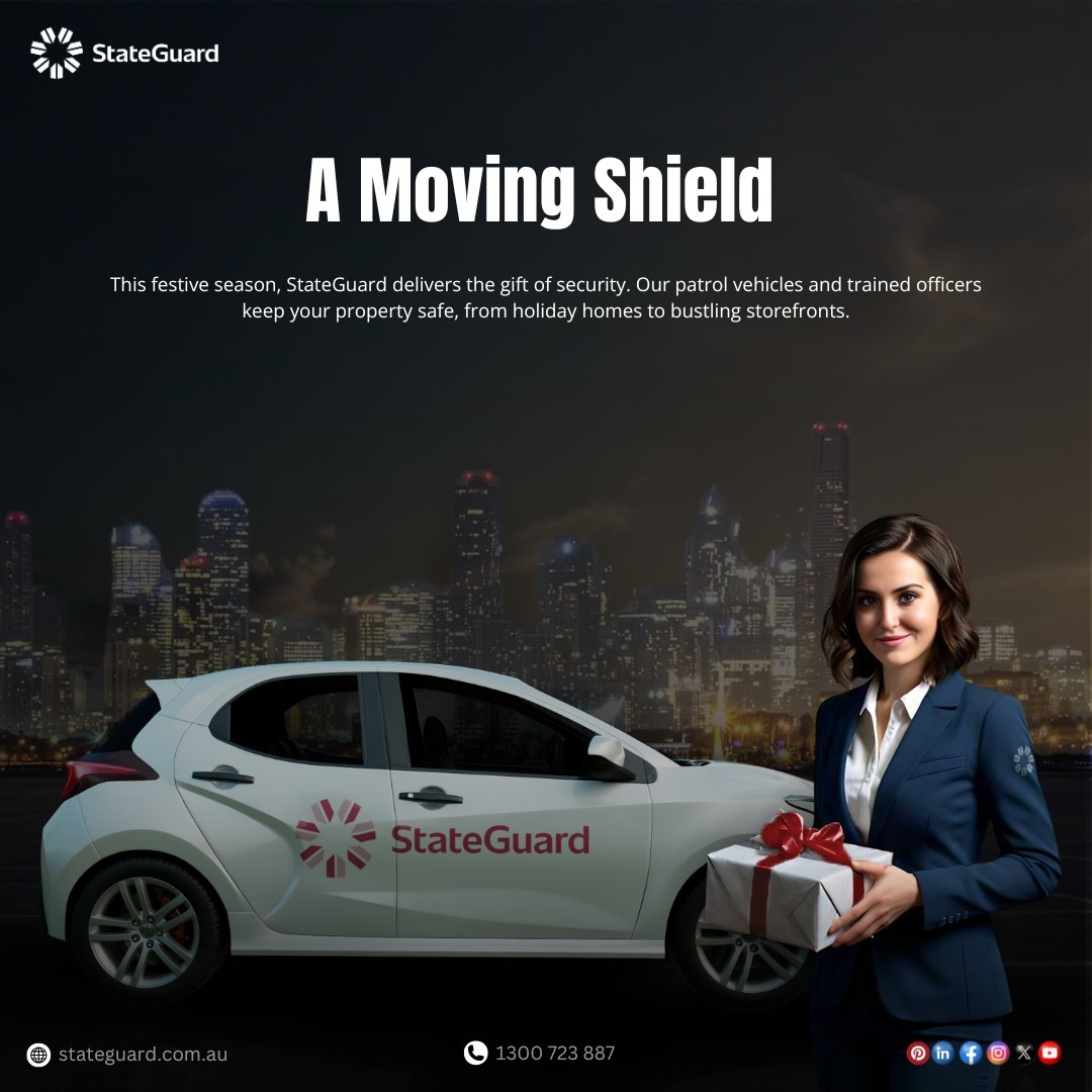 Promotional image for StateGuard's Moving Shield security service, showcasing their patrol vehicles and trained officers ensuring property safety during the festive season. Includes company website and contact details.